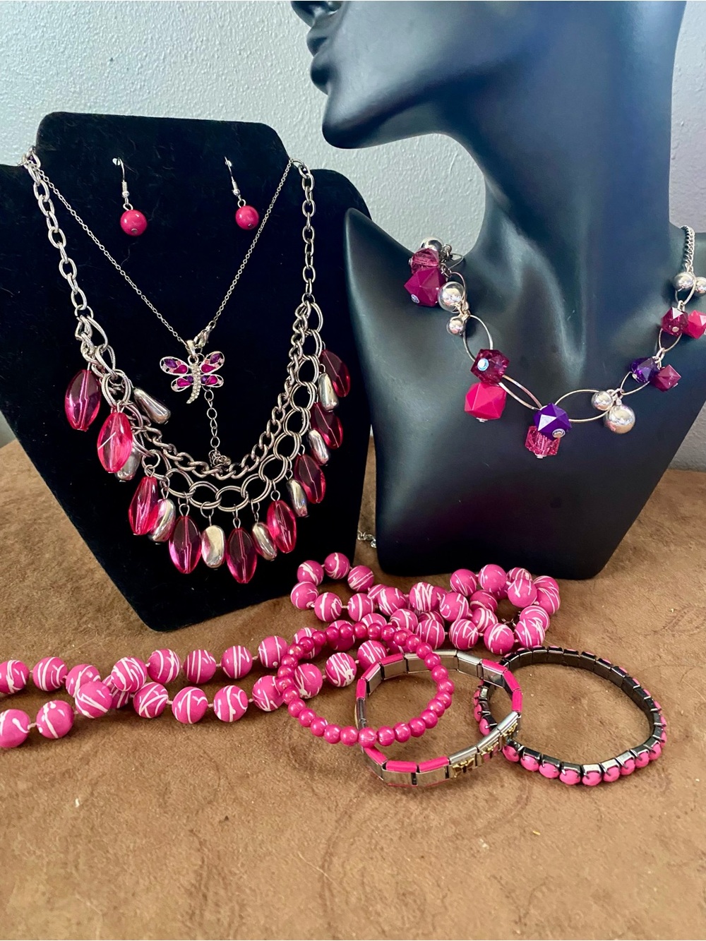 Pink Statement, pink & white beaded, dragonfly pendant necklaces, earrings